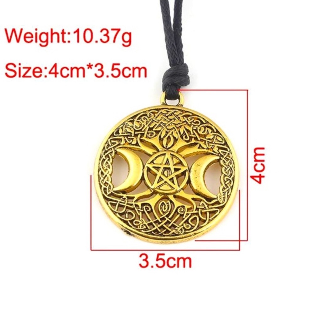 Vegan Leather Triple Goddess Amulet Necklace, 26 inches.